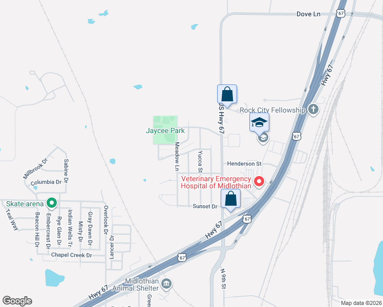 map of restaurants, bars, coffee shops, grocery stores, and more near 1507 Yucca Street in Midlothian
