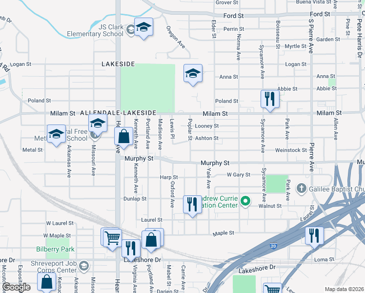 map of restaurants, bars, coffee shops, grocery stores, and more near 1211 Weinstock Street in Shreveport