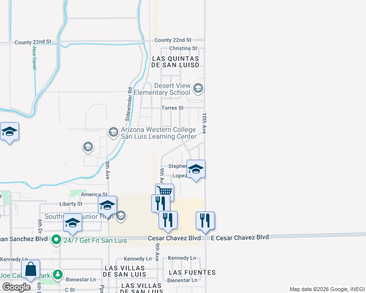 map of restaurants, bars, coffee shops, grocery stores, and more near Villareal Ave in San Luis