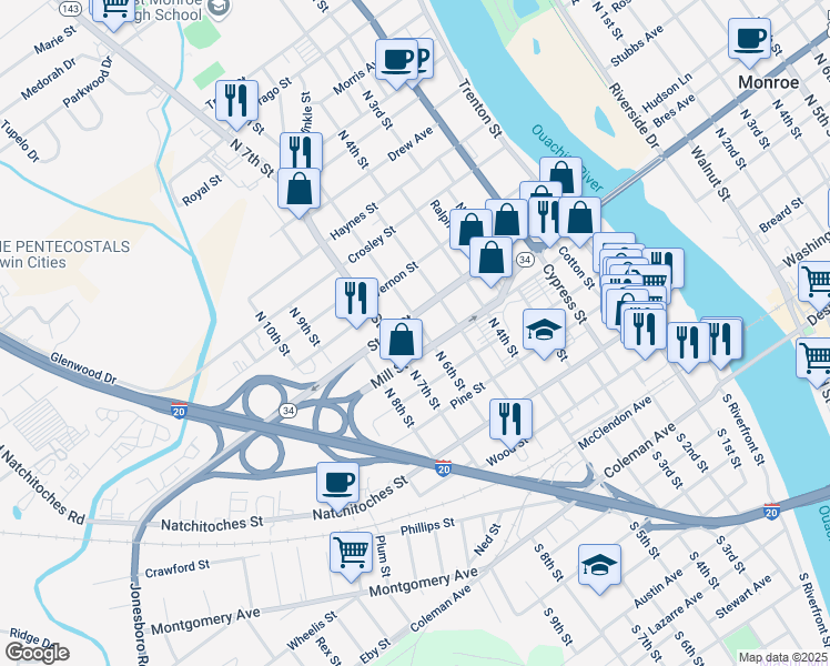 map of restaurants, bars, coffee shops, grocery stores, and more near 500 N 7th St in West Monroe