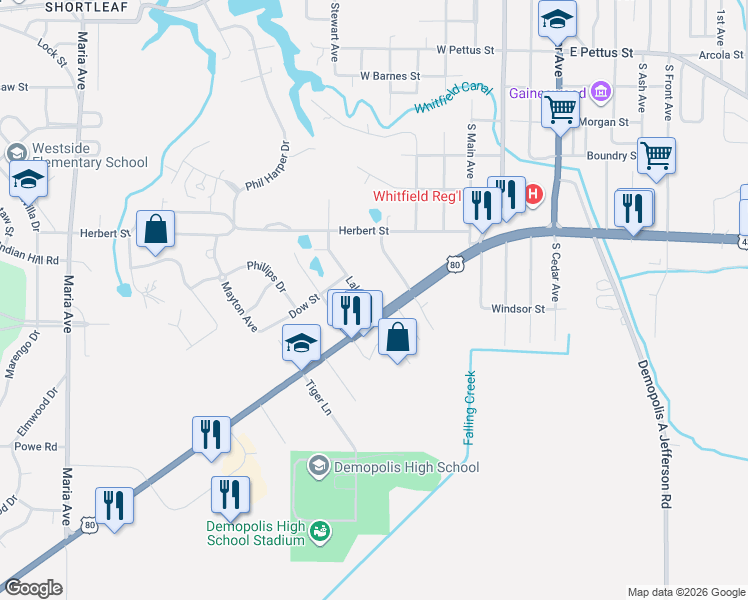map of restaurants, bars, coffee shops, grocery stores, and more near 1311 Lake Lane in Demopolis