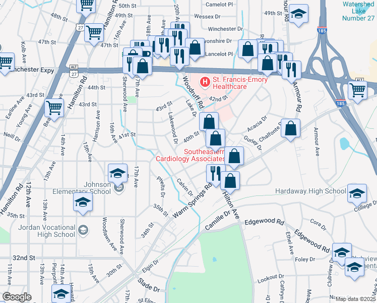 map of restaurants, bars, coffee shops, grocery stores, and more near 2023 Terrace Drive in Columbus