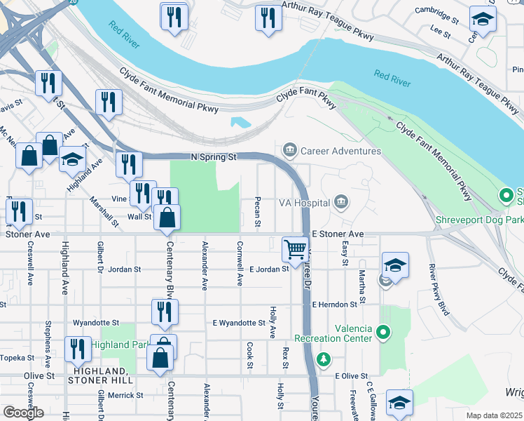map of restaurants, bars, coffee shops, grocery stores, and more near 1243 Pecan Street in Shreveport