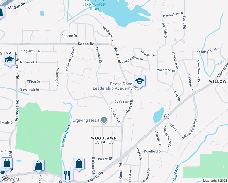 map of restaurants, bars, coffee shops, grocery stores, and more near 4675 Woodmere Lane in Columbus