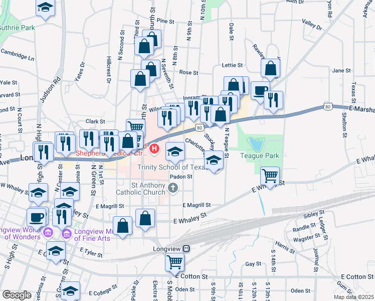 map of restaurants, bars, coffee shops, grocery stores, and more near 800 North Seventh Street in Longview