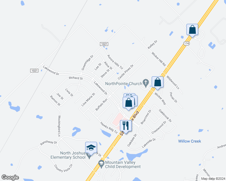 map of restaurants, bars, coffee shops, grocery stores, and more near 2632 Buffalo Run in Burleson