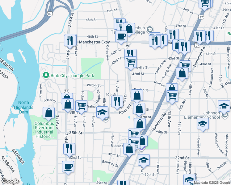 map of restaurants, bars, coffee shops, grocery stores, and more near 4005 7th Avenue in Columbus