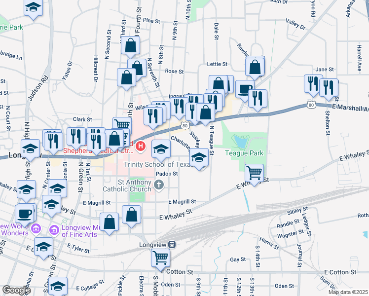map of restaurants, bars, coffee shops, grocery stores, and more near 807 Charlotte Drive in Longview