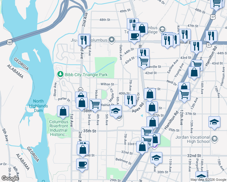 map of restaurants, bars, coffee shops, grocery stores, and more near 517 Wilton Street in Columbus