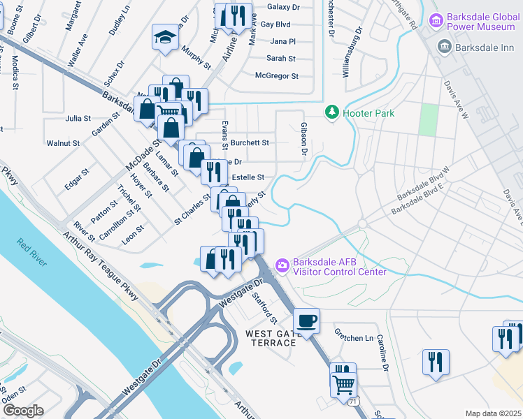 map of restaurants, bars, coffee shops, grocery stores, and more near 2817 Teague Street in Bossier City