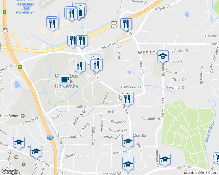 map of restaurants, bars, coffee shops, grocery stores, and more near University Avenue in Columbus