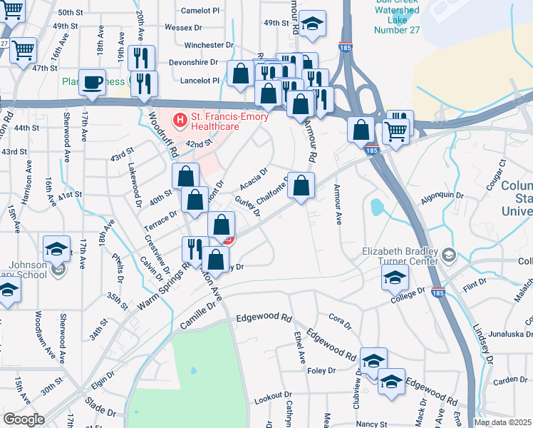 map of restaurants, bars, coffee shops, grocery stores, and more near 2419 Warm Springs Road in Columbus