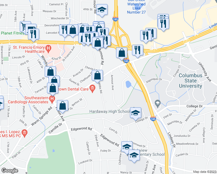 map of restaurants, bars, coffee shops, grocery stores, and more near 2708 Warm Springs Rd in Columbus