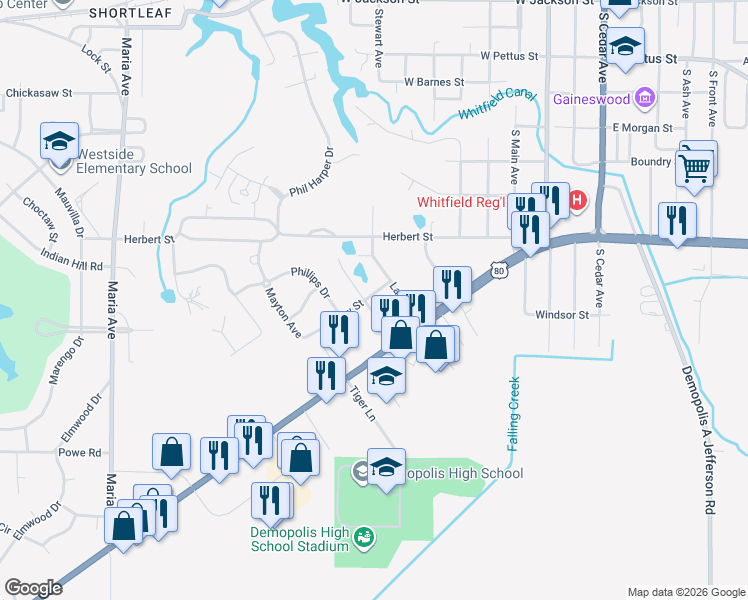 map of restaurants, bars, coffee shops, grocery stores, and more near 1301 Spencer Avenue in Demopolis