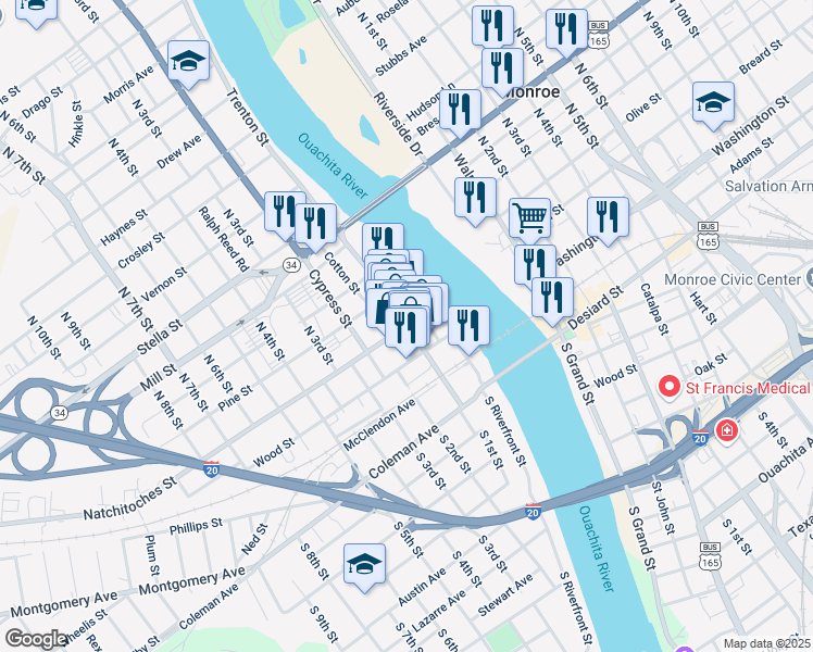 map of restaurants, bars, coffee shops, grocery stores, and more near 313 South Trenton Street in West Monroe