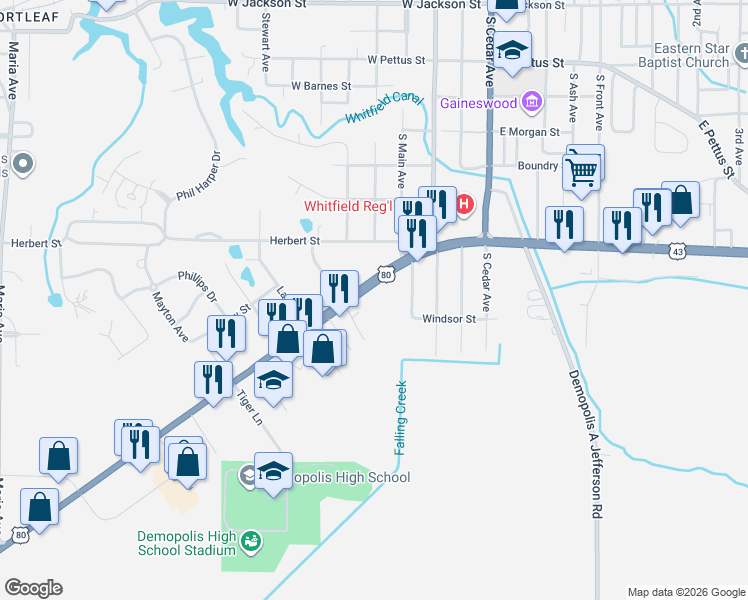 map of restaurants, bars, coffee shops, grocery stores, and more near 103 U.S. 80 in Demopolis