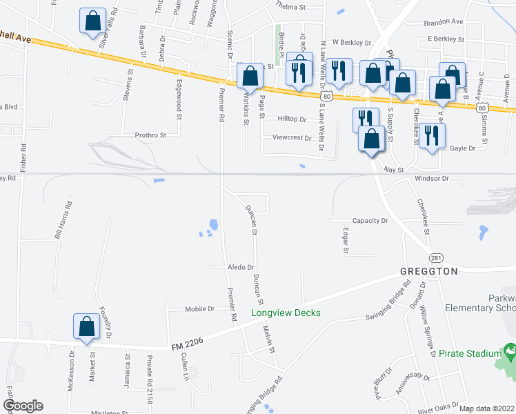 map of restaurants, bars, coffee shops, grocery stores, and more near 507 Ranier Drive in Longview