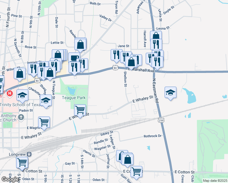 map of restaurants, bars, coffee shops, grocery stores, and more near 405 Shelton Street in Longview