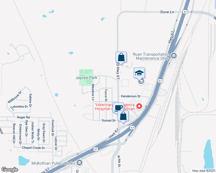 map of restaurants, bars, coffee shops, grocery stores, and more near 109 Pebble Creek Drive in Midlothian