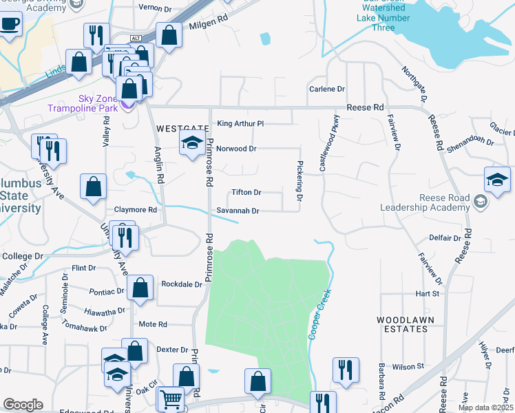 map of restaurants, bars, coffee shops, grocery stores, and more near 4021 Savannah Drive in Columbus