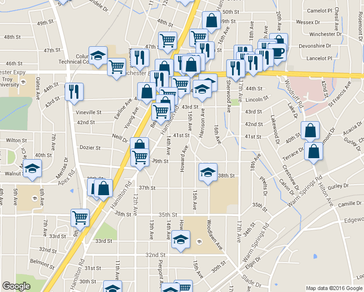 map of restaurants, bars, coffee shops, grocery stores, and more near 4003 Howard Avenue in Columbus