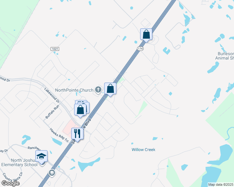 map of restaurants, bars, coffee shops, grocery stores, and more near 2433 Southwest Sunset Lane in Burleson