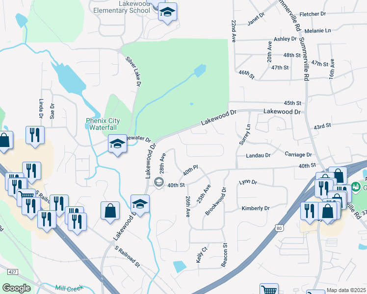 map of restaurants, bars, coffee shops, grocery stores, and more near 2764 Sawgrass Lane in Phenix City