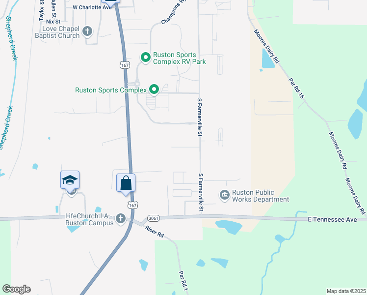 map of restaurants, bars, coffee shops, grocery stores, and more near 503 Pleasant Hill Lane in Ruston