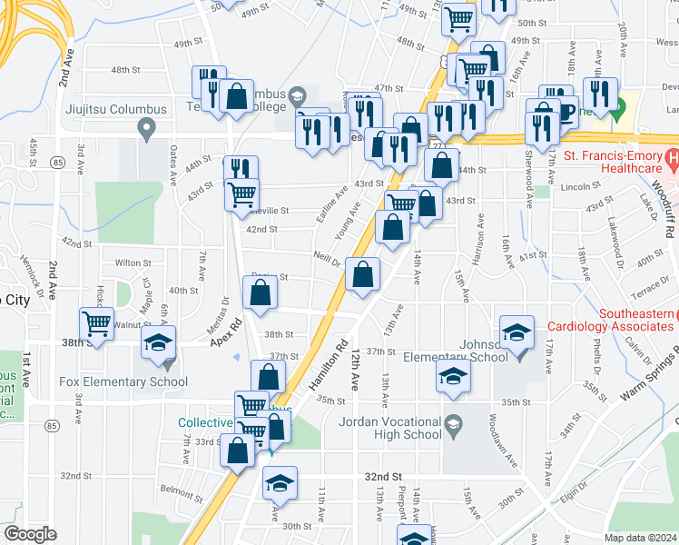 map of restaurants, bars, coffee shops, grocery stores, and more near 1132 Neill Drive in Columbus