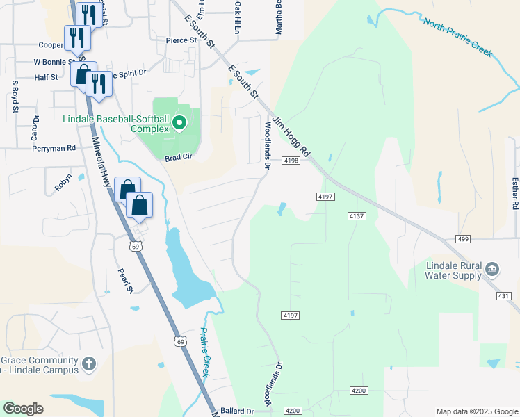 map of restaurants, bars, coffee shops, grocery stores, and more near 16214 County Road 4191 in Lindale