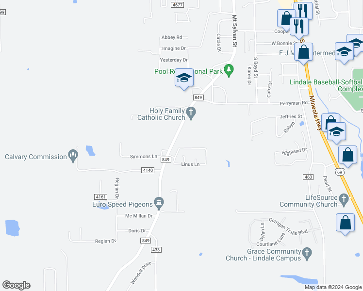 map of restaurants, bars, coffee shops, grocery stores, and more near 713 White Bear Trail in Lindale