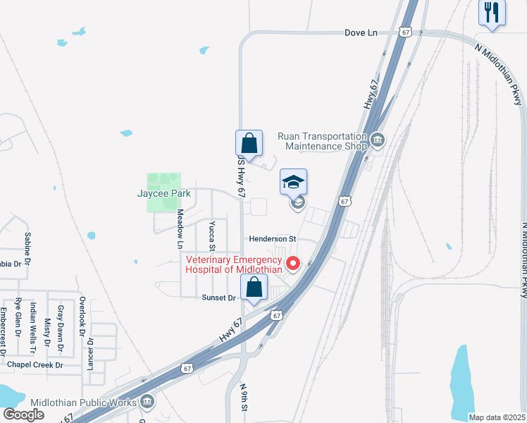 map of restaurants, bars, coffee shops, grocery stores, and more near 1600 North 9th Street in Midlothian