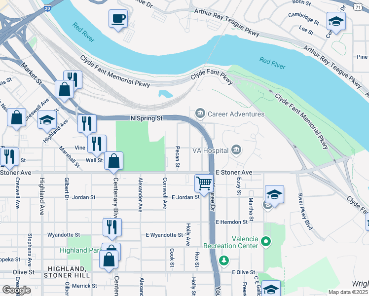 map of restaurants, bars, coffee shops, grocery stores, and more near 18969 Common Street in Shreveport