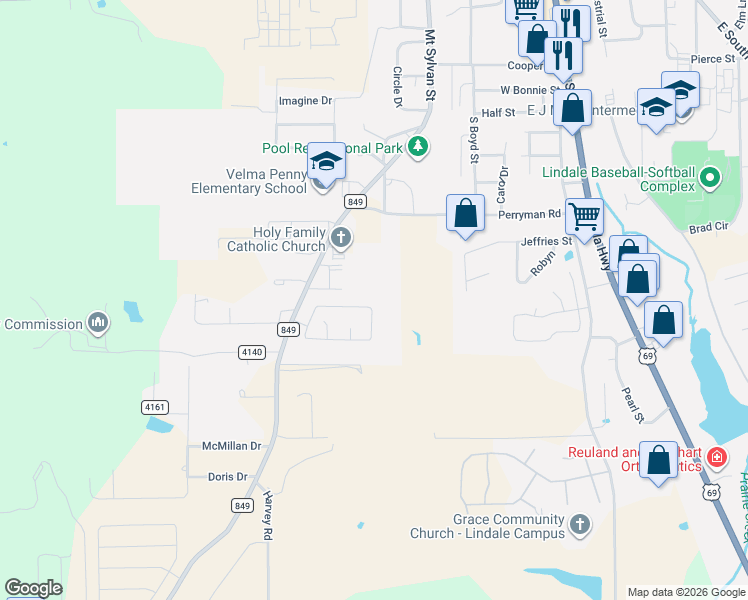 map of restaurants, bars, coffee shops, grocery stores, and more near 677 White Bear Trail in Lindale