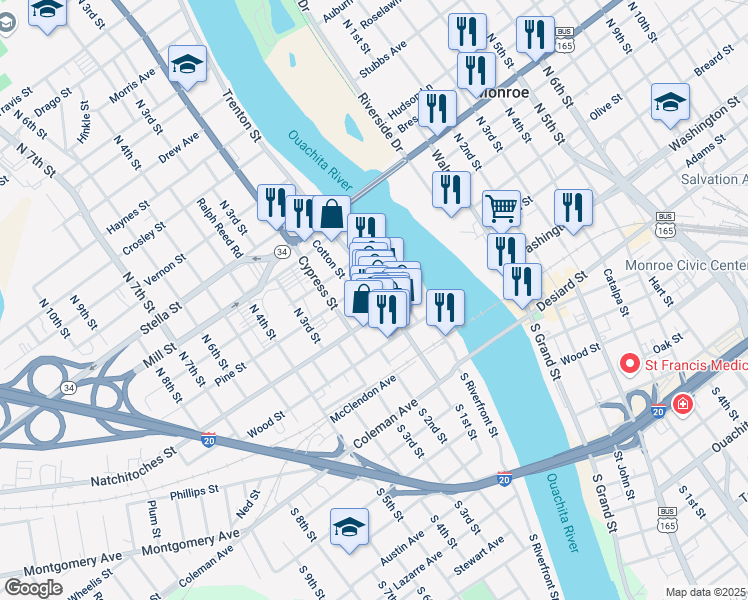 map of restaurants, bars, coffee shops, grocery stores, and more near 313 South Trenton Street in West Monroe