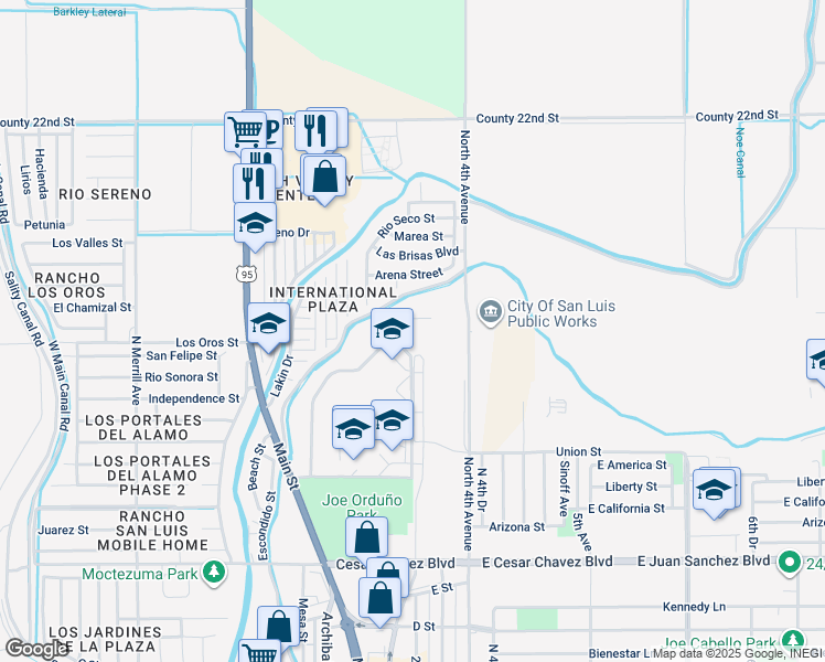 map of restaurants, bars, coffee shops, grocery stores, and more near 787 Arena Street in San Luis