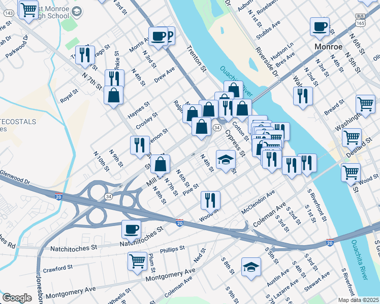 map of restaurants, bars, coffee shops, grocery stores, and more near 610 North 5th Street in West Monroe