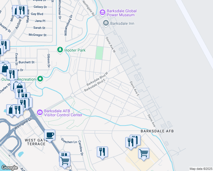 map of restaurants, bars, coffee shops, grocery stores, and more near Luke Avenue in Barksdale Air Force Base