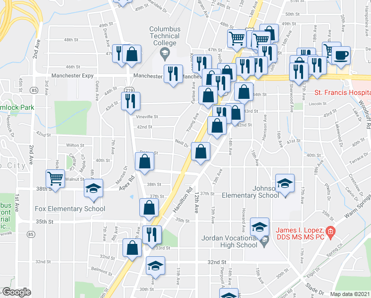 map of restaurants, bars, coffee shops, grocery stores, and more near 1126 Neill Drive in Columbus