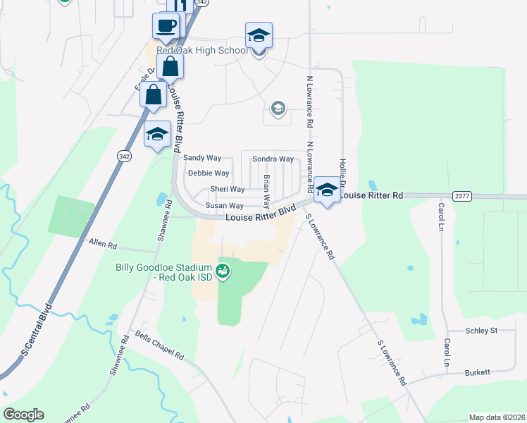 map of restaurants, bars, coffee shops, grocery stores, and more near 201 Susan Way in Red Oak