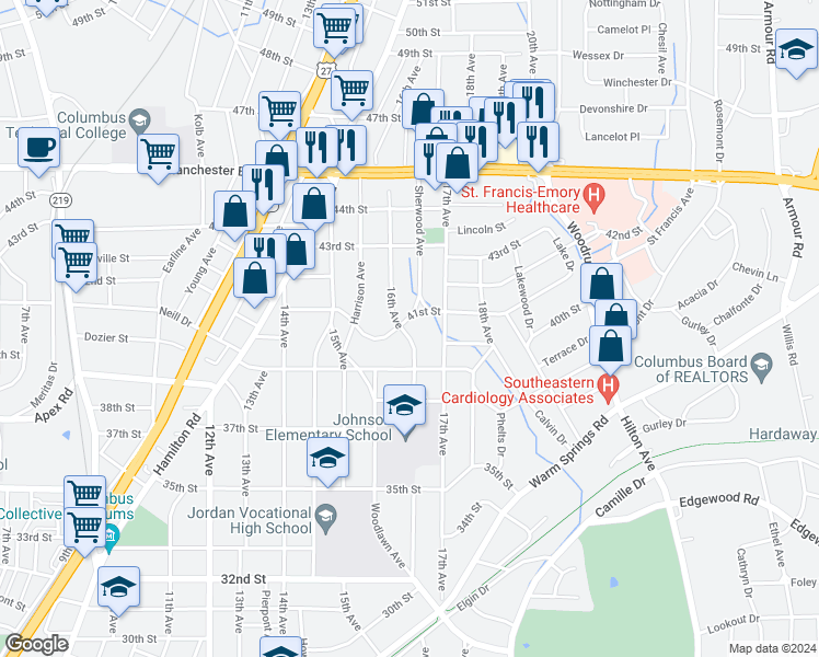 map of restaurants, bars, coffee shops, grocery stores, and more near 4016 16th Avenue in Columbus