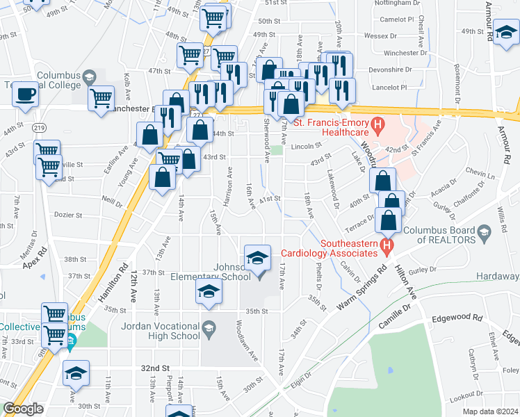 map of restaurants, bars, coffee shops, grocery stores, and more near 1604 41st Street in Columbus