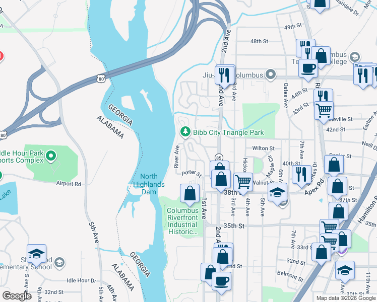 map of restaurants, bars, coffee shops, grocery stores, and more near 2 Poplar Street in Columbus