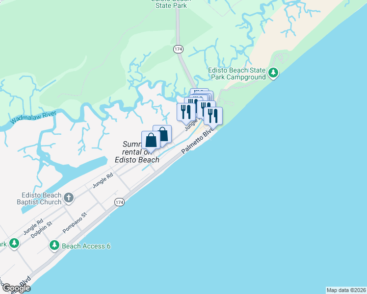 map of restaurants, bars, coffee shops, grocery stores, and more near 123 Palmetto Boulevard in Edisto Island