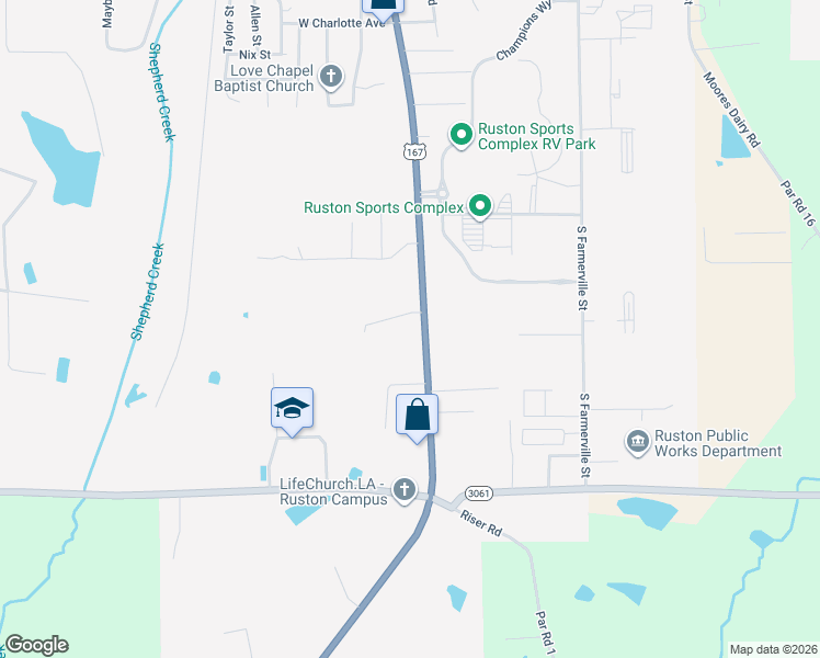 map of restaurants, bars, coffee shops, grocery stores, and more near 2400 South Vienna Street in Ruston