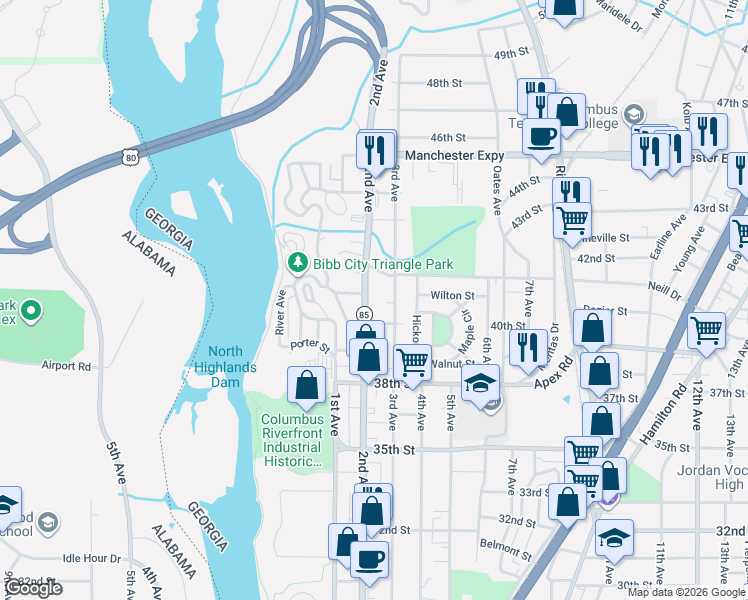 map of restaurants, bars, coffee shops, grocery stores, and more near 4020 2nd Avenue in Columbus