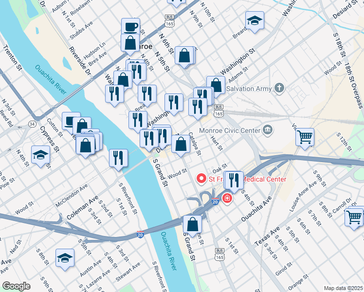 map of restaurants, bars, coffee shops, grocery stores, and more near 300 Harrison Street in Monroe
