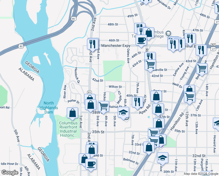map of restaurants, bars, coffee shops, grocery stores, and more near 416 Wilton Street in Columbus