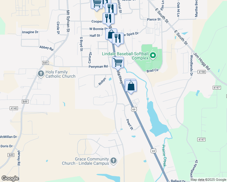 map of restaurants, bars, coffee shops, grocery stores, and more near 1412 Lakeside Court in Lindale