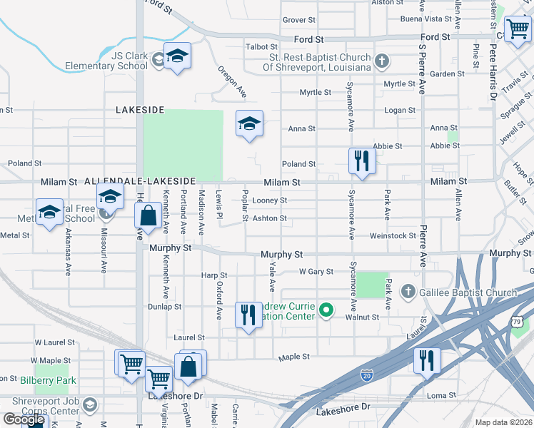 map of restaurants, bars, coffee shops, grocery stores, and more near 2026 Ashton Street in Shreveport